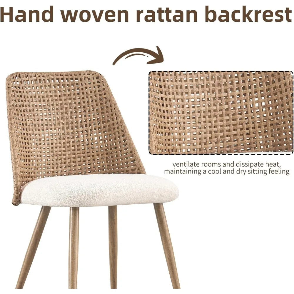 Set of 4, Rattan Dining Chairs, Modern Upholstered Boucle Kitchen Room
