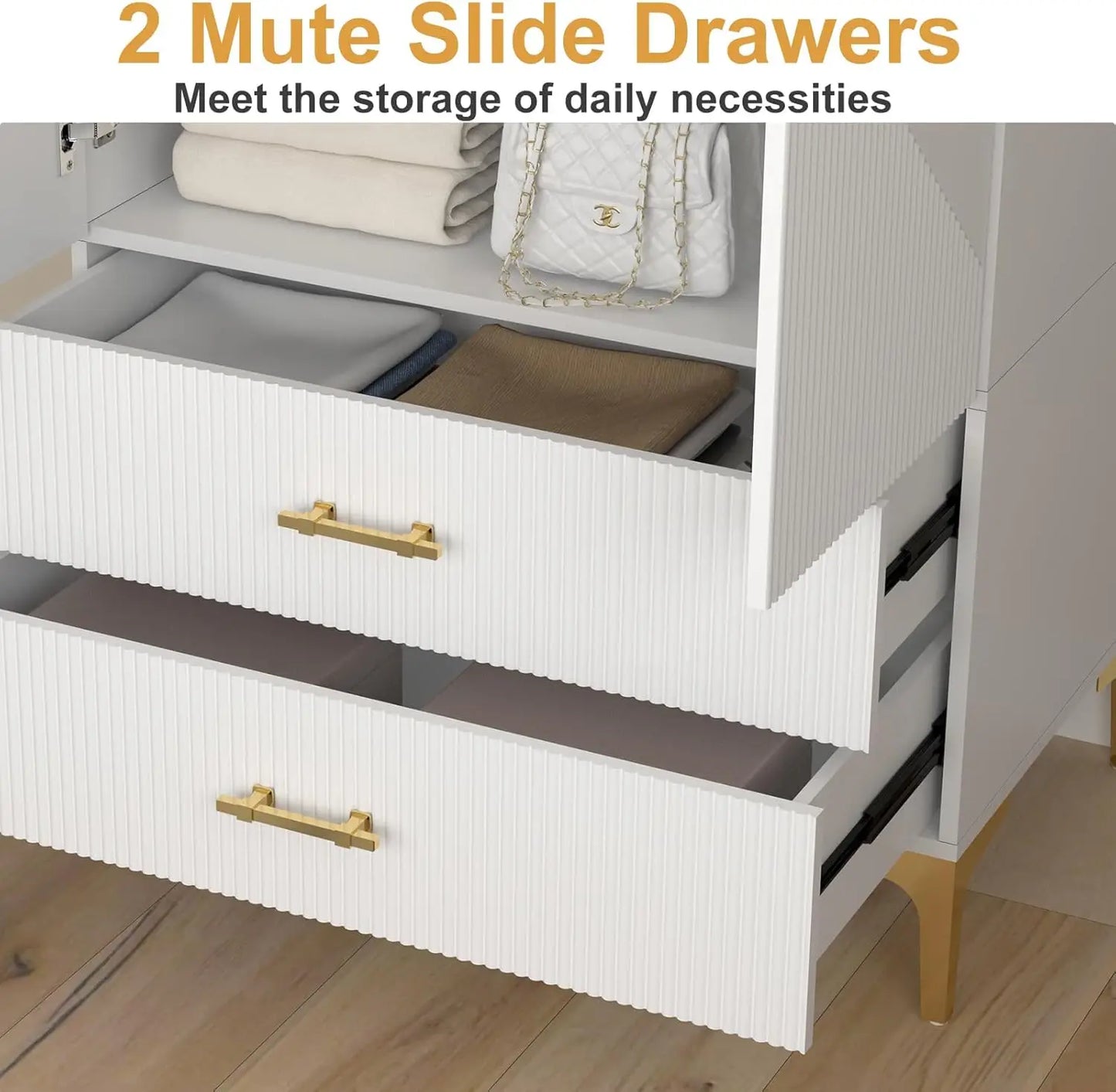 76.77" White Twill Wood Armoire w/2 Doors, 2 Drawers & Hanging Rods