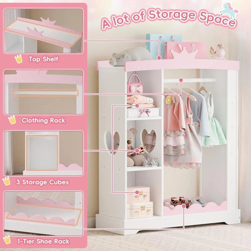 Kids Armoire with Jewelry Cabinet, Dress up Storage with Mirror and Shelves