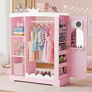 Kids Armoire with Jewelry Cabinet, Dress up Storage with Mirror and Shelves