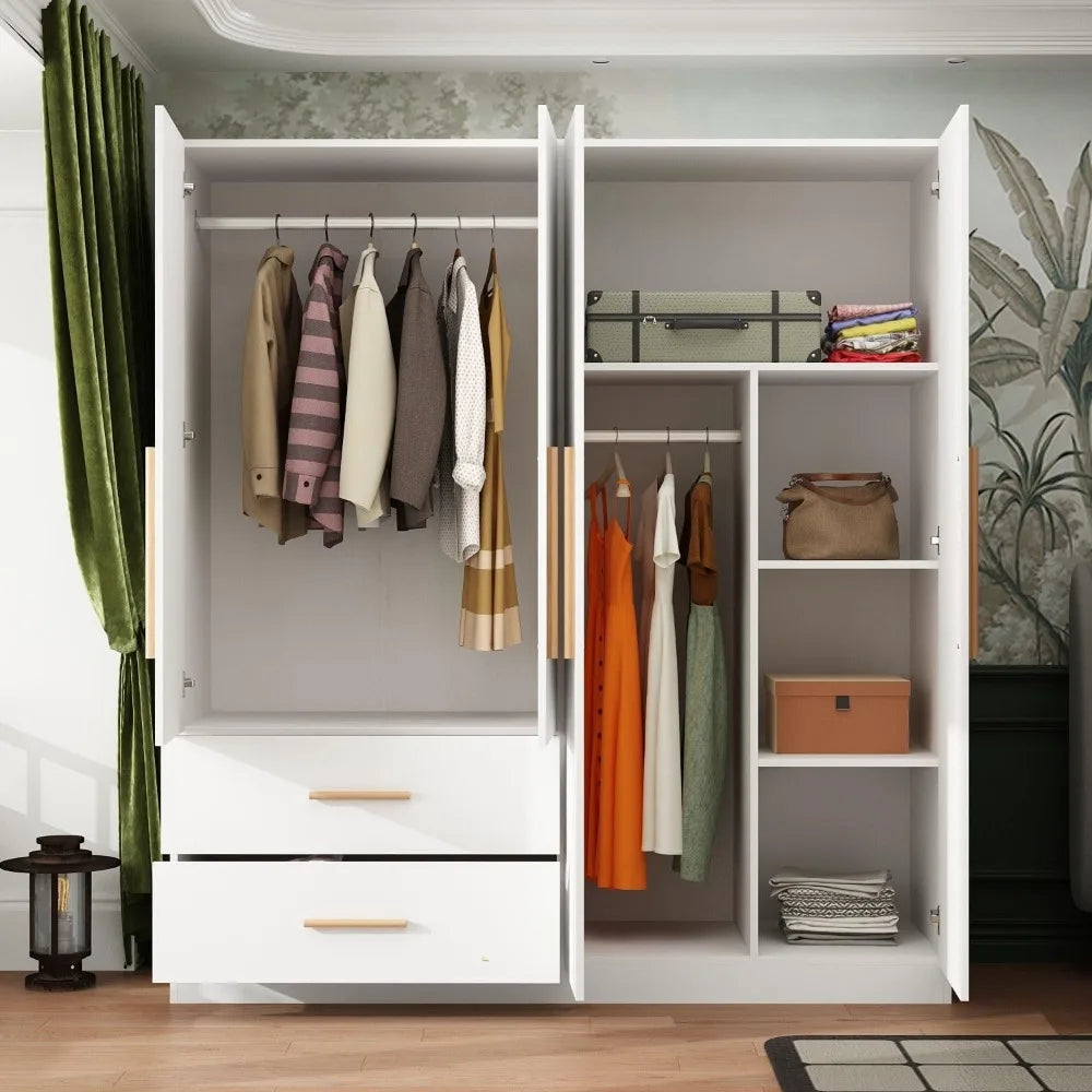 4 Door Wardrobe with Drawers and Shelves, Armoire Wardrobe Closet with Hanging Rod