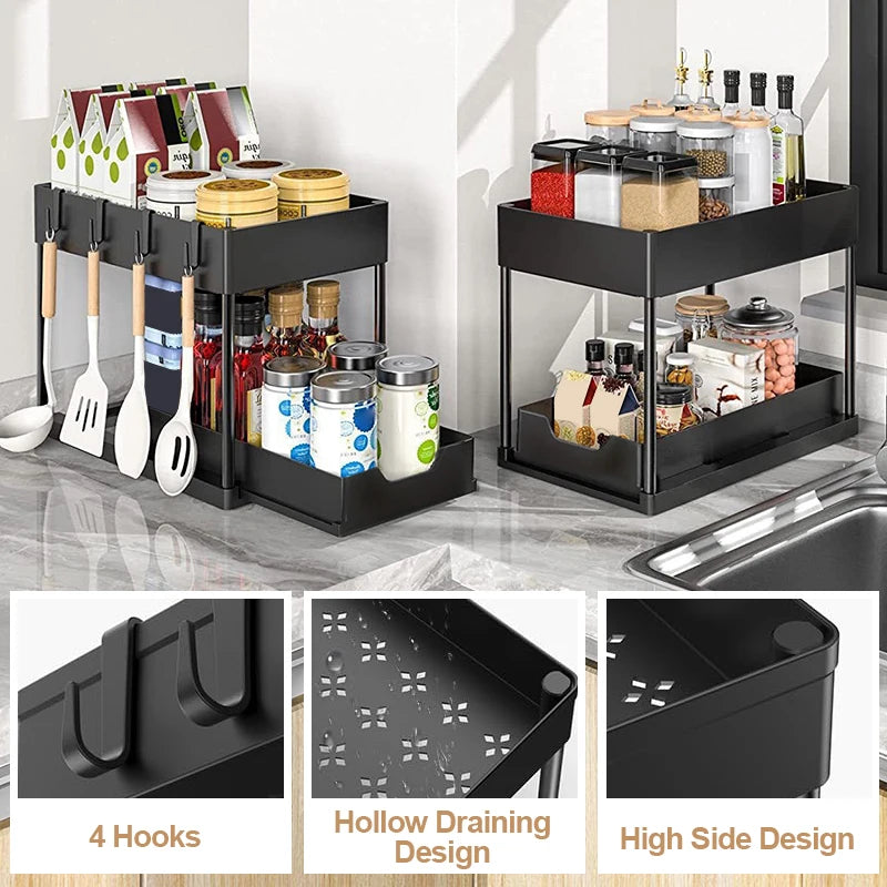 2 Tier Under Sink Organizer Sliding Cabinet Basket Organizer Storage Rack