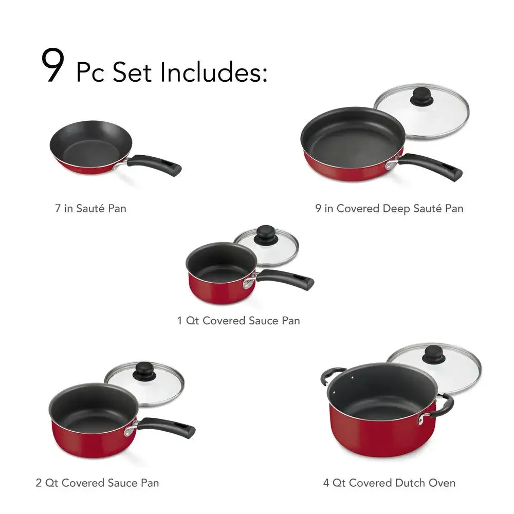 Nonstick Cookware Set Red 9-Piece Kitchen Starter