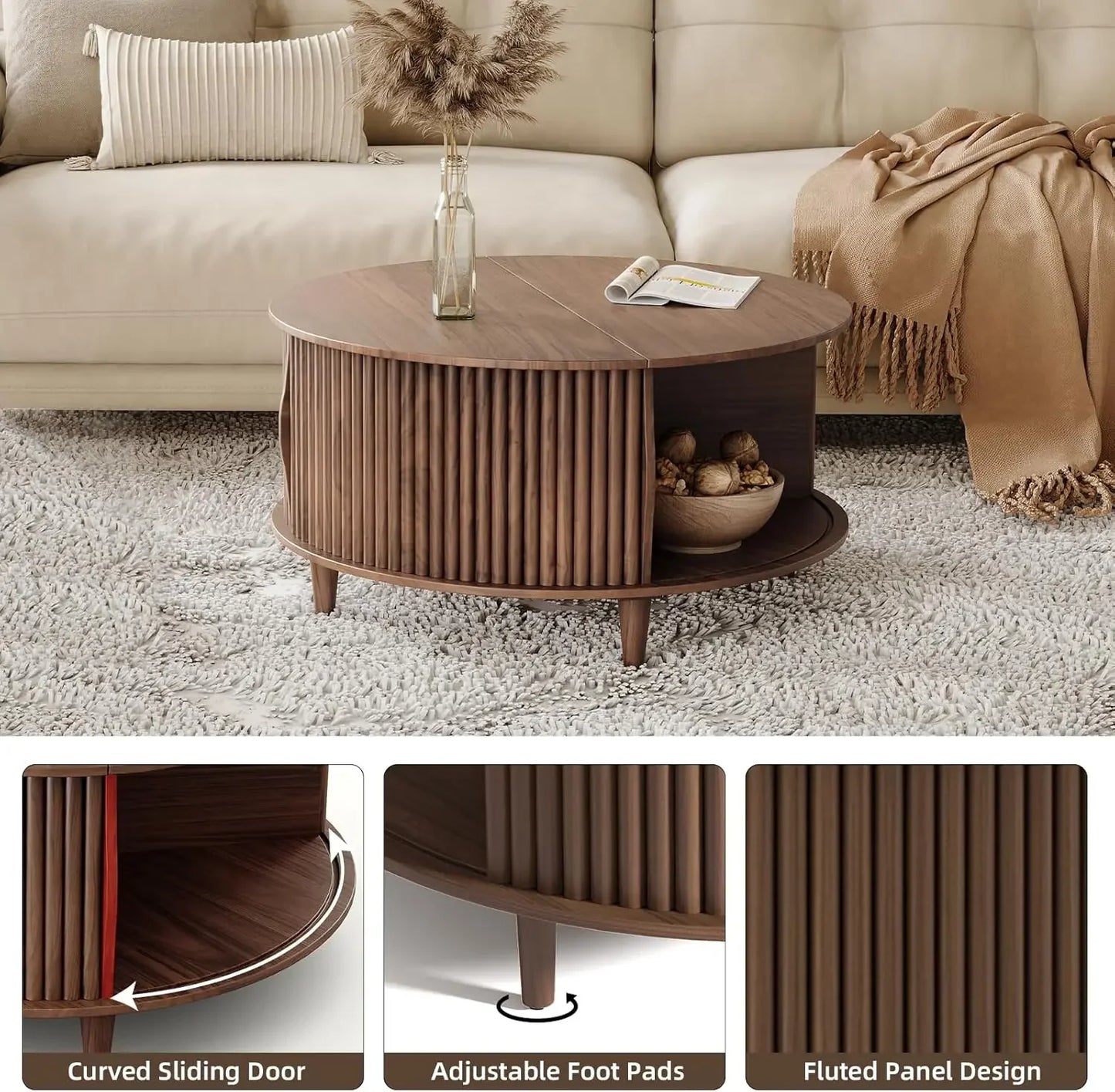 Round Coffee Table with Storage Mid Century Modern Storage