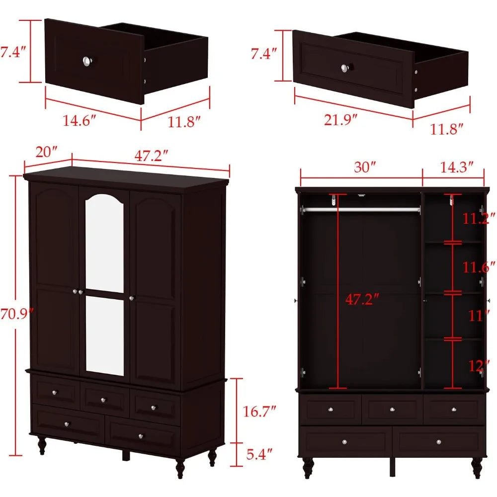 3 Doors Bedroom Closet with Wooden Armoire Mirror