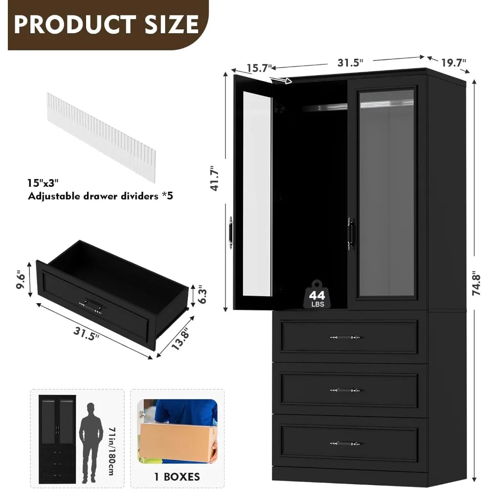 Armoire Wardrobe Closet with 2 Door & 3 Drawers, 74.8" Large Wardrobe Cabinet