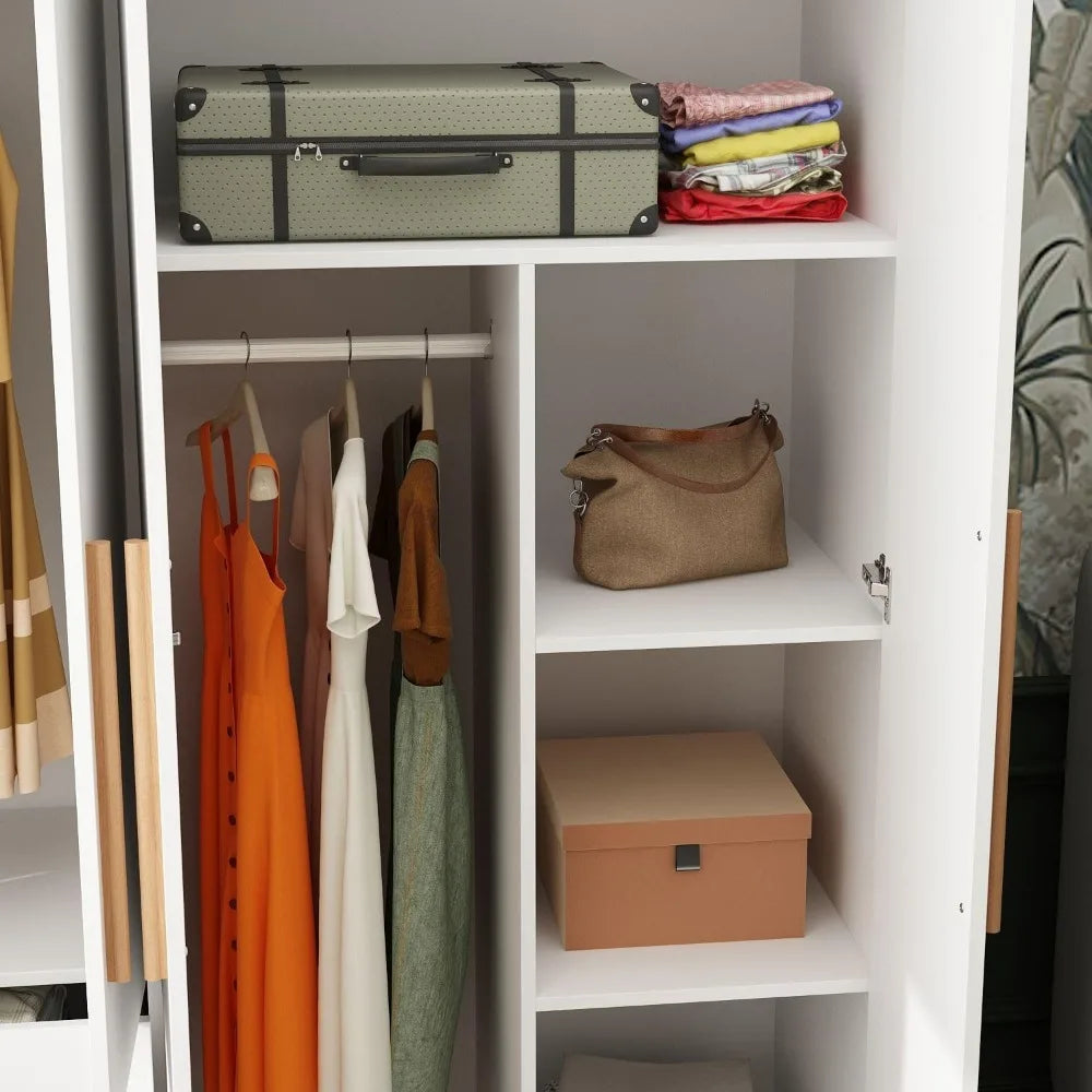 4 Door Wardrobe with Drawers and Shelves, Armoire Wardrobe Closet with Hanging Rod