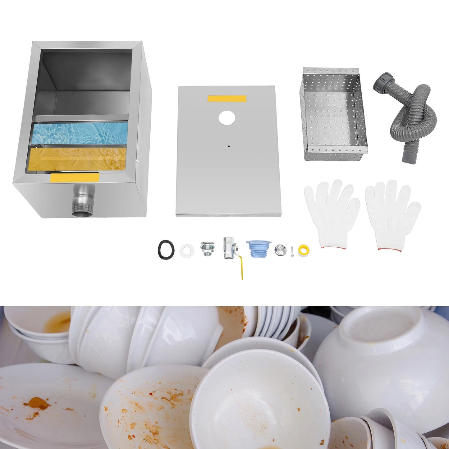 20L Commercial Grease Trap, Stainless Steel Grease Interceptor w/Automatic Shut-off