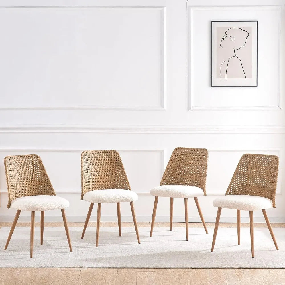 Set of 4, Rattan Dining Chairs, Modern Upholstered Boucle Kitchen Room