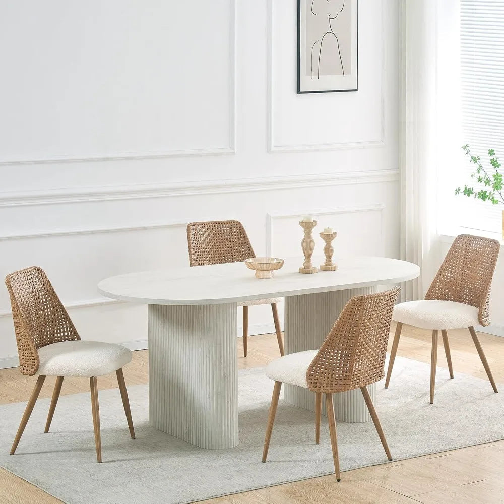 Set of 4, Rattan Dining Chairs, Modern Upholstered Boucle Kitchen Room