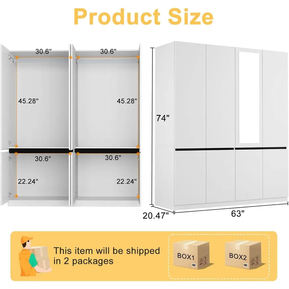 4 Doors Armoire Wardrobe Closet with Mirror