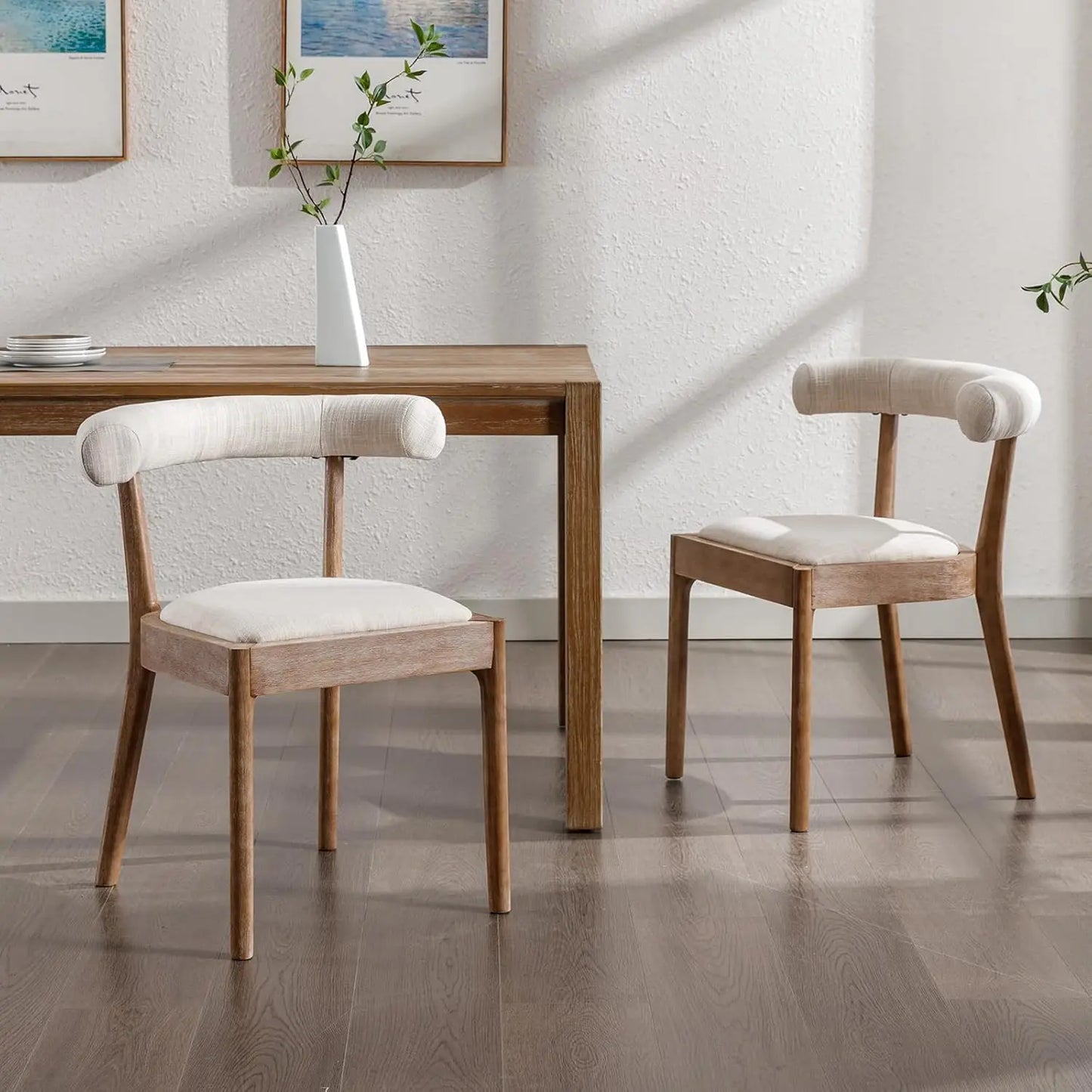 Wood Dining Chairs Set of 4, Mid Century Modern Living Room with Unique Curved Open Back