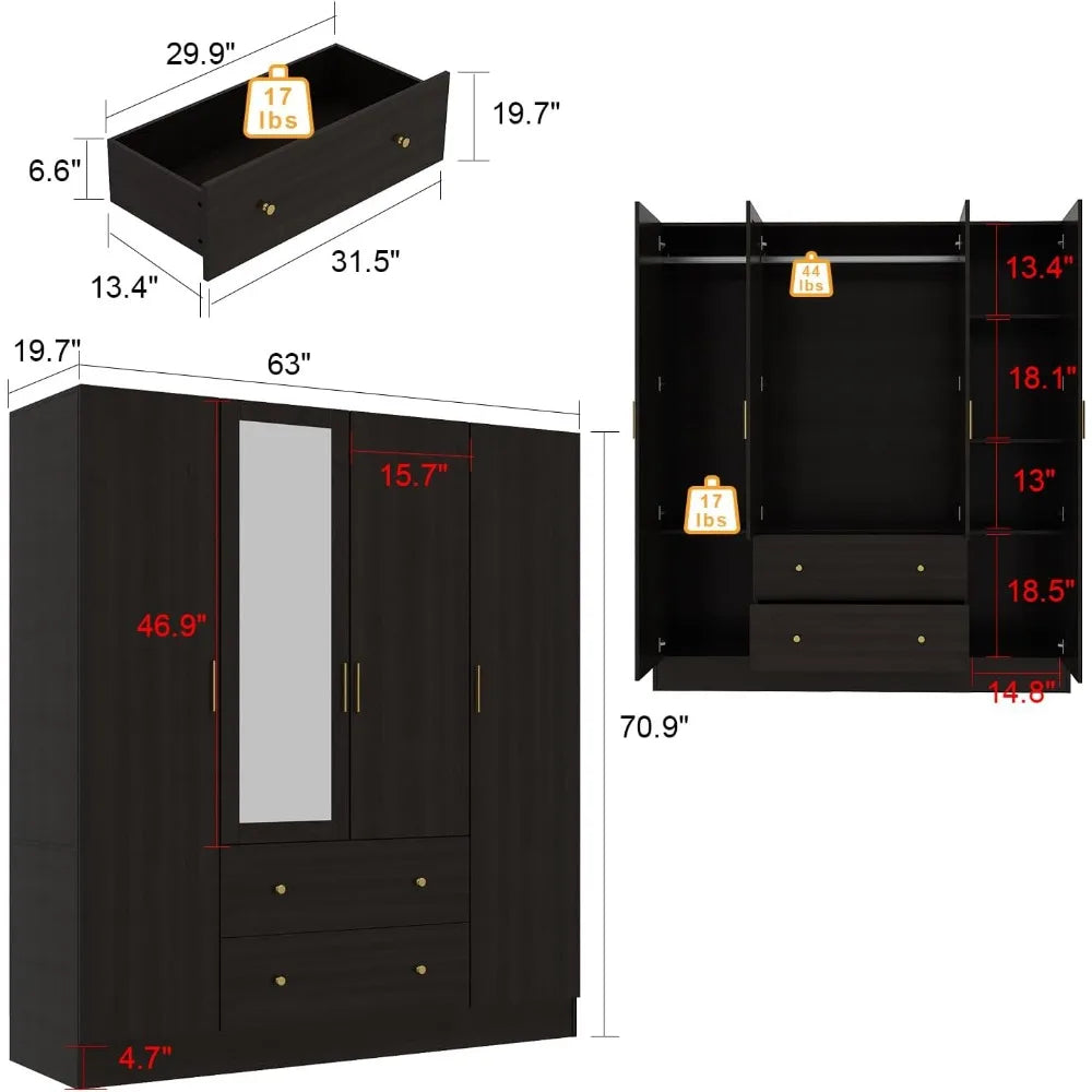 Dark Brown Wardrobe Armoire with Mirror, 5-Tier Shelves, 2 Drawers, 2 Hanging Rods and 4 Doors