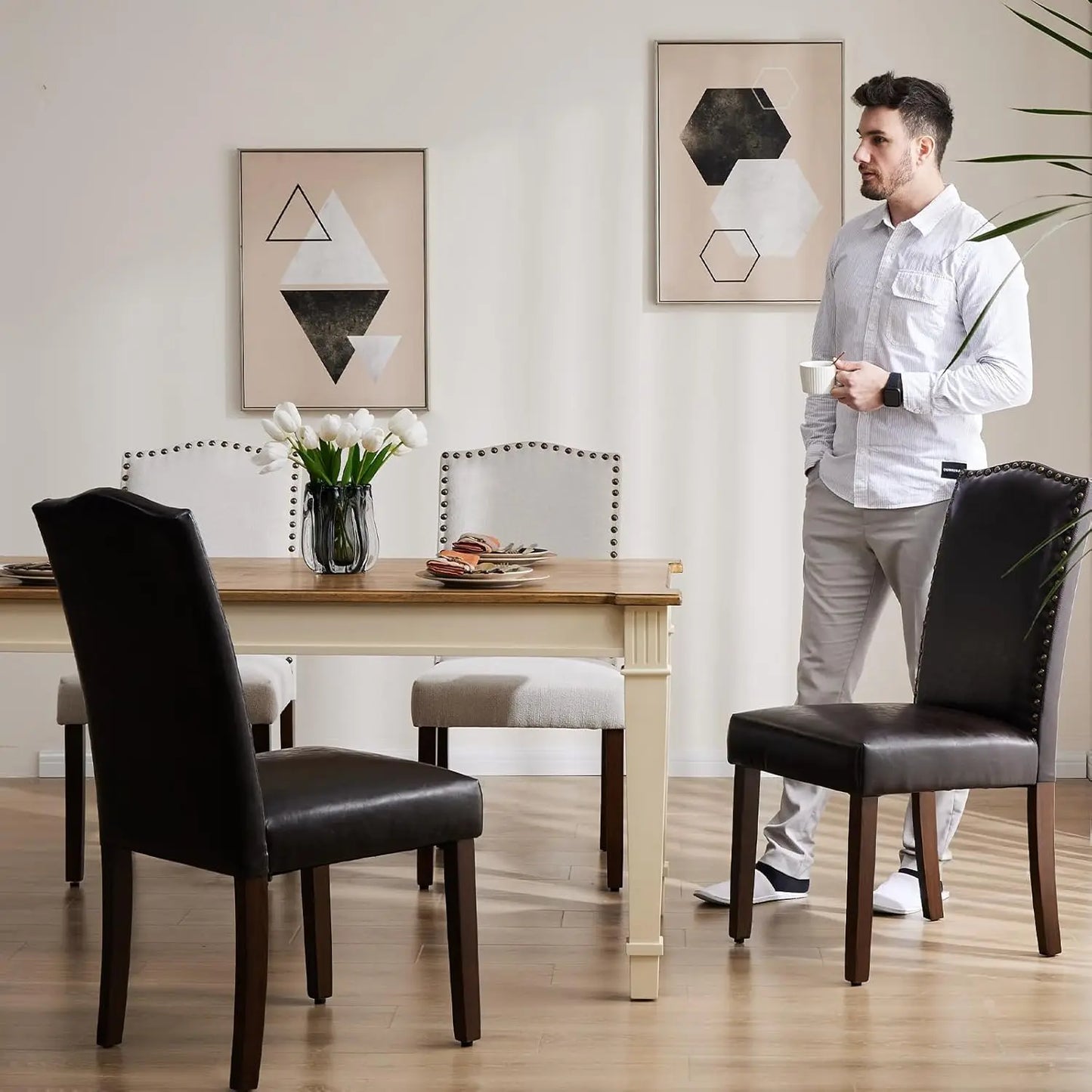 Set of 2, Dining Chairs, Upholstered Leather. Mid Century Modern.