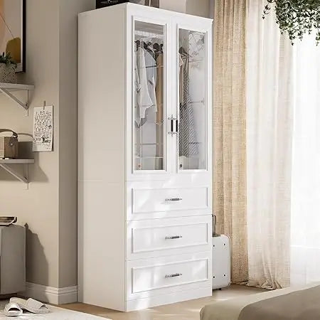 Armoire Wardrobe Closet with 2 Door & 3 Drawers, 74.8" Large Wardrobe Cabinet