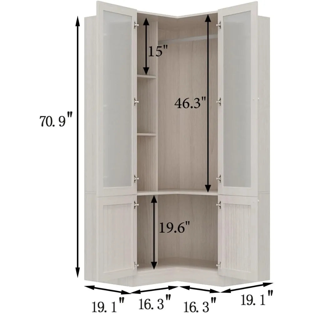 L-Shape Wardrobe Armoire Closet with Hanging Rod & Shelf