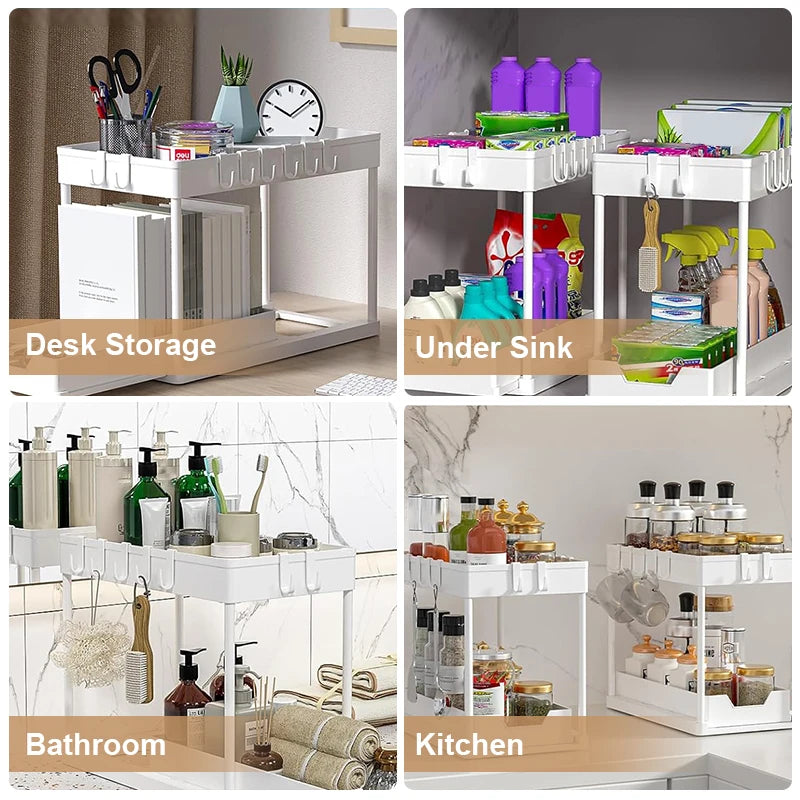2 Tier Under Sink Organizer Sliding Cabinet Basket Organizer Storage Rack