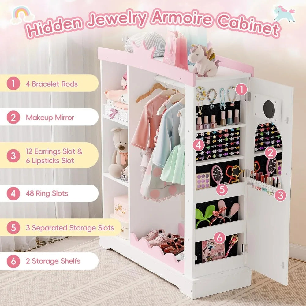 Kids Armoire with Jewelry Cabinet, Dress up Storage with Mirror and Shelves