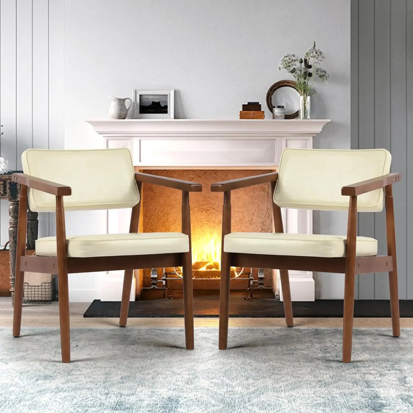 Mid Century Dining Chairs with Wooden Handrail, Fabric Upholstered Faux Leather
