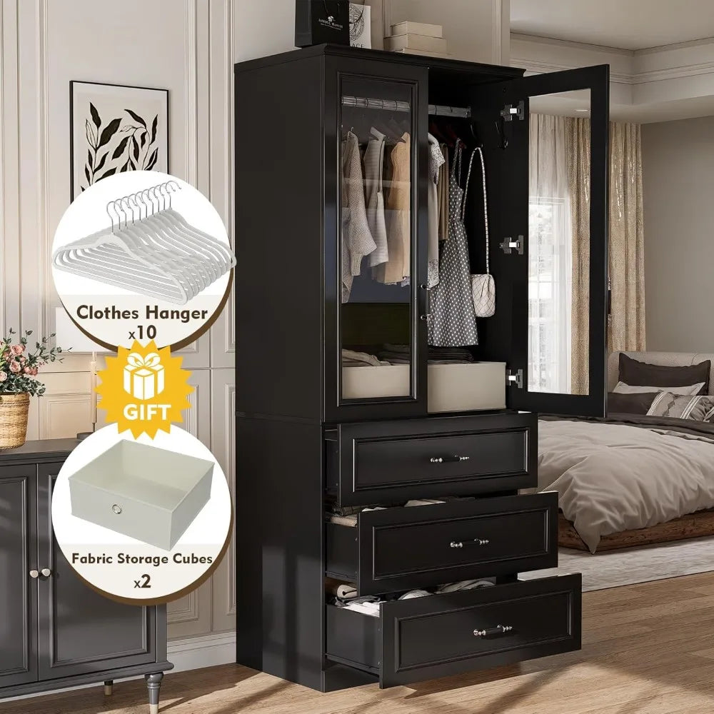 Armoire Wardrobe Closet with 2 Door & 3 Drawers, 74.8" Large Wardrobe Cabinet