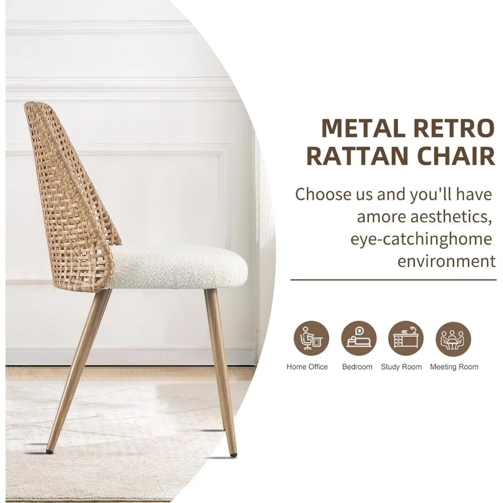 Set of 4, Rattan Dining Chairs, Modern Upholstered Boucle Kitchen Room