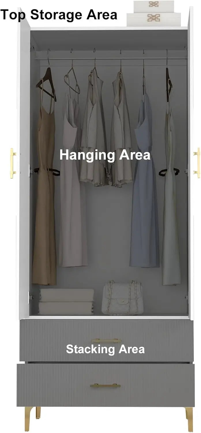 76.77" White Twill Wood Armoire w/2 Doors, 2 Drawers & Hanging Rods