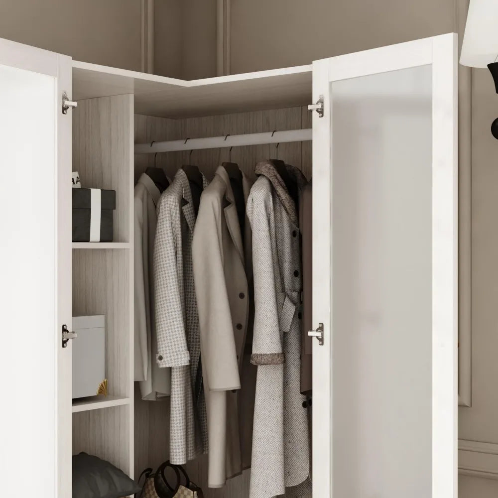 L-Shape Wardrobe Armoire Closet with Hanging Rod & Shelf