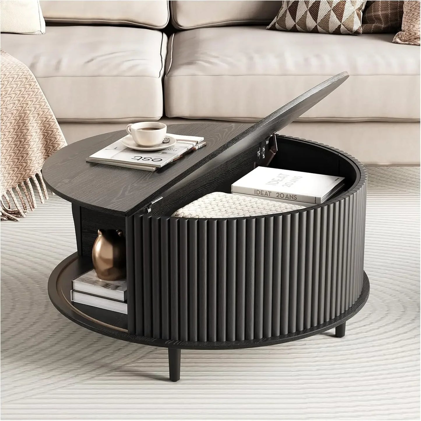 Round Coffee Table with Storage Mid Century Modern Storage