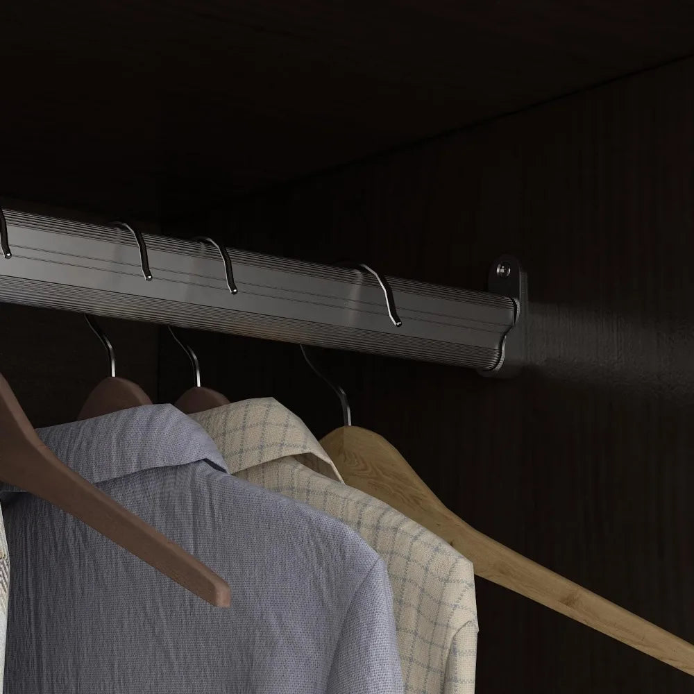 Dark Brown Wardrobe Armoire with Mirror, 5-Tier Shelves, 2 Drawers, 2 Hanging Rods and 4 Doors
