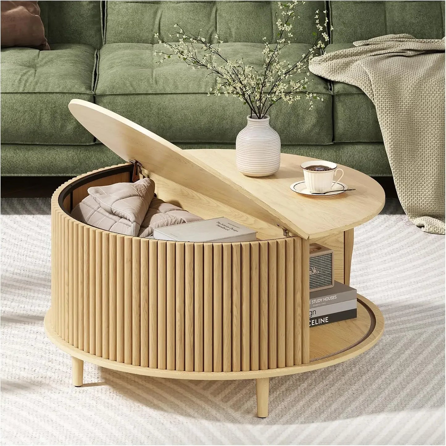 Round Coffee Table with Storage Mid Century Modern Storage