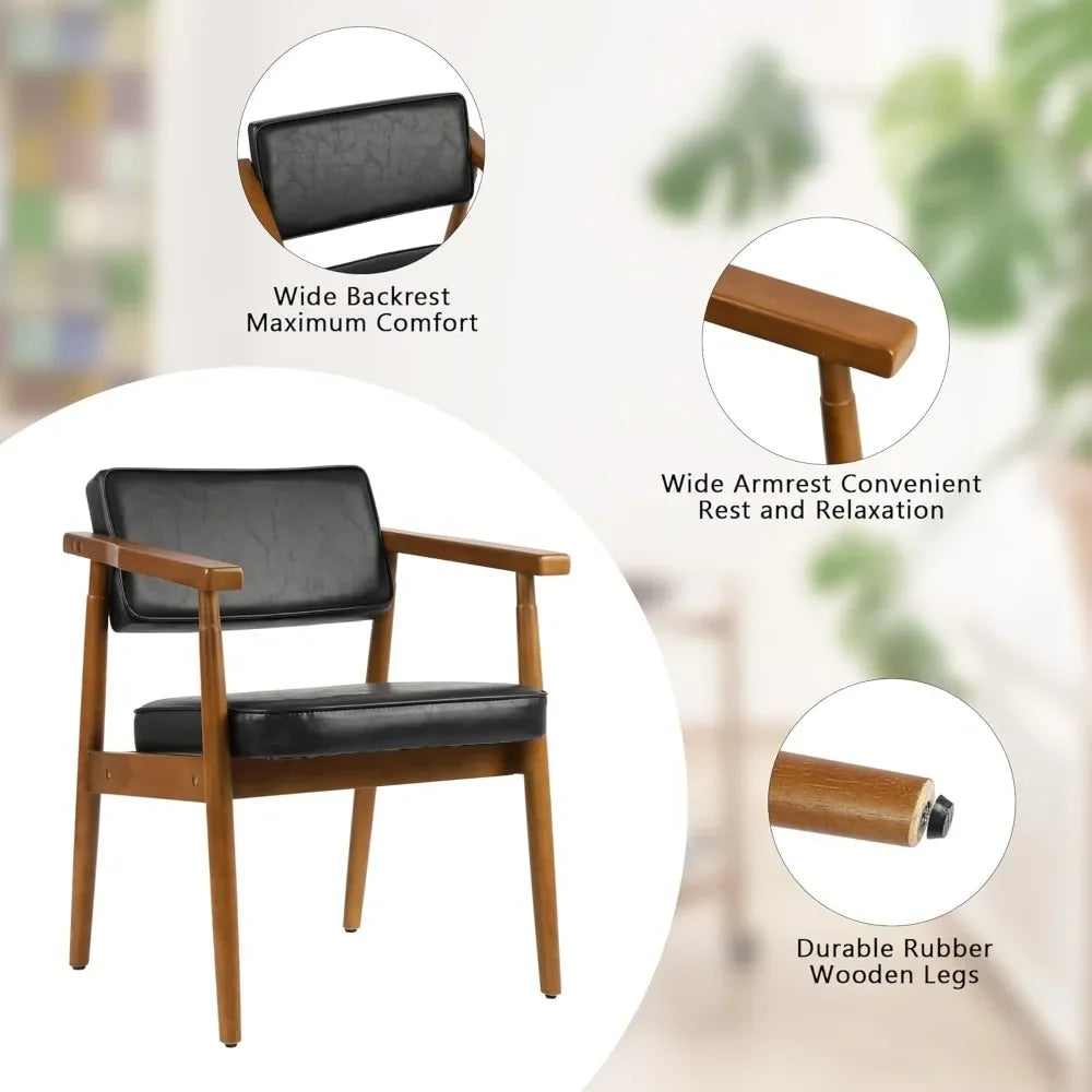 Mid Century Dining Chairs with Wooden Handrail, Fabric Upholstered Faux Leather