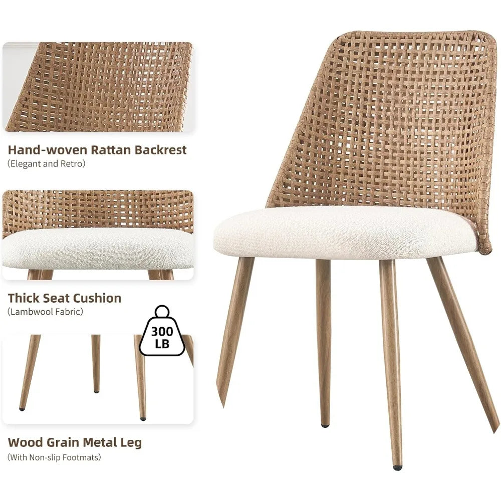 Set of 4, Rattan Dining Chairs, Modern Upholstered Boucle Kitchen Room