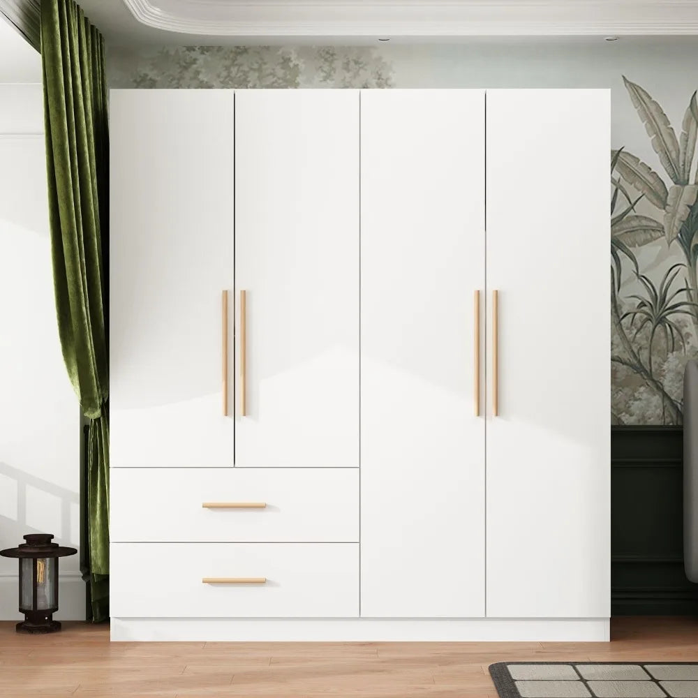 4 Door Wardrobe with Drawers and Shelves, Armoire Wardrobe Closet with Hanging Rod