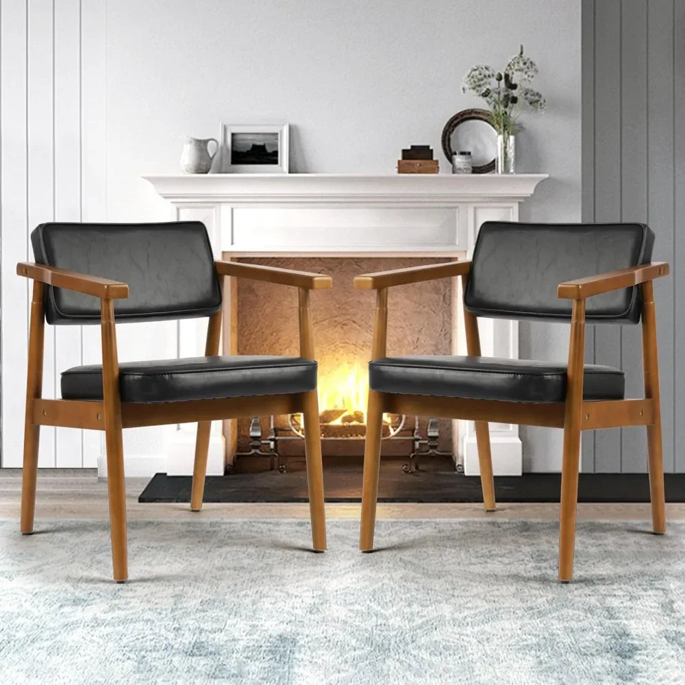 Mid Century Dining Chairs with Wooden Handrail, Fabric Upholstered Faux Leather