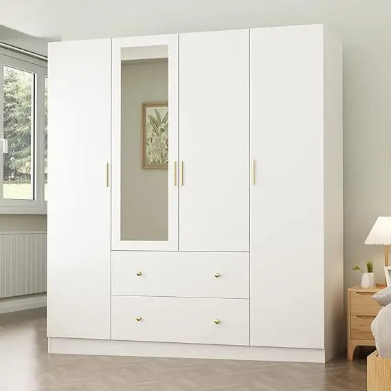 Dark Brown Wardrobe Armoire with Mirror, 5-Tier Shelves, 2 Drawers, 2 Hanging Rods and 4 Doors