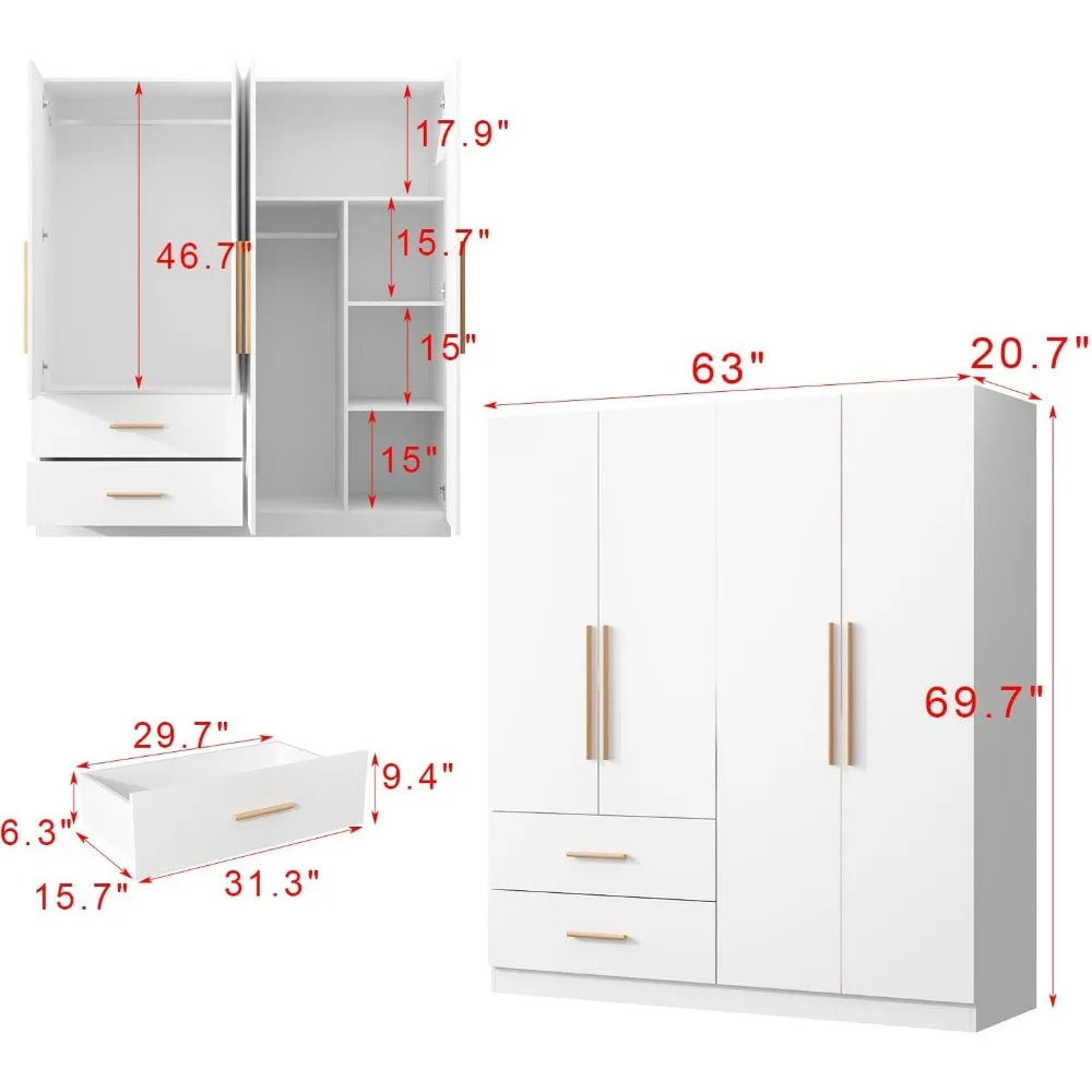4 Door Wardrobe with Drawers and Shelves, Armoire Wardrobe Closet with Hanging Rod