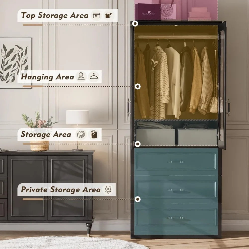 Armoire Wardrobe Closet with 2 Door & 3 Drawers, 74.8" Large Wardrobe Cabinet
