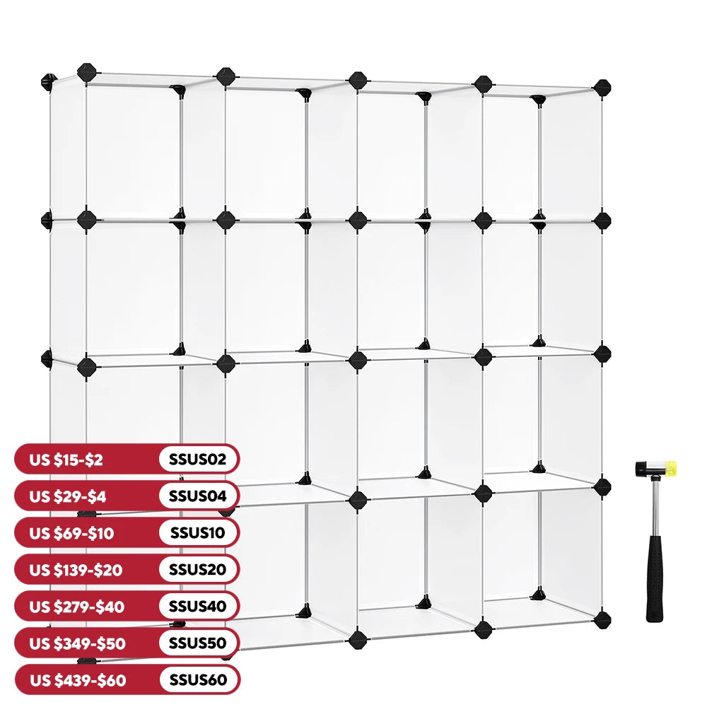 SONGMICS Cube Storage Organizer, Set of 16 Plastic Cubes, Book Shelf