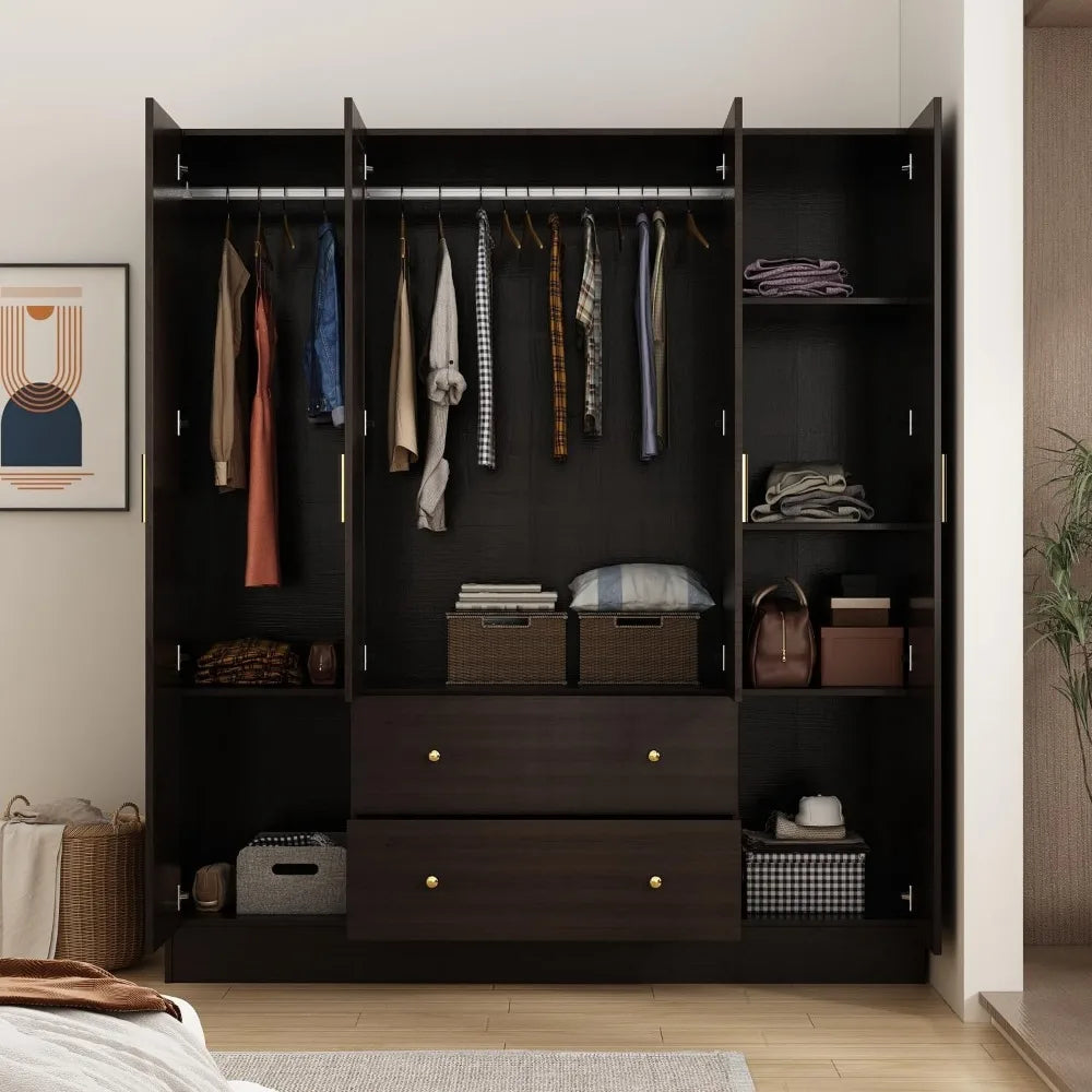 Dark Brown Wardrobe Armoire with Mirror, 5-Tier Shelves, 2 Drawers, 2 Hanging Rods and 4 Doors