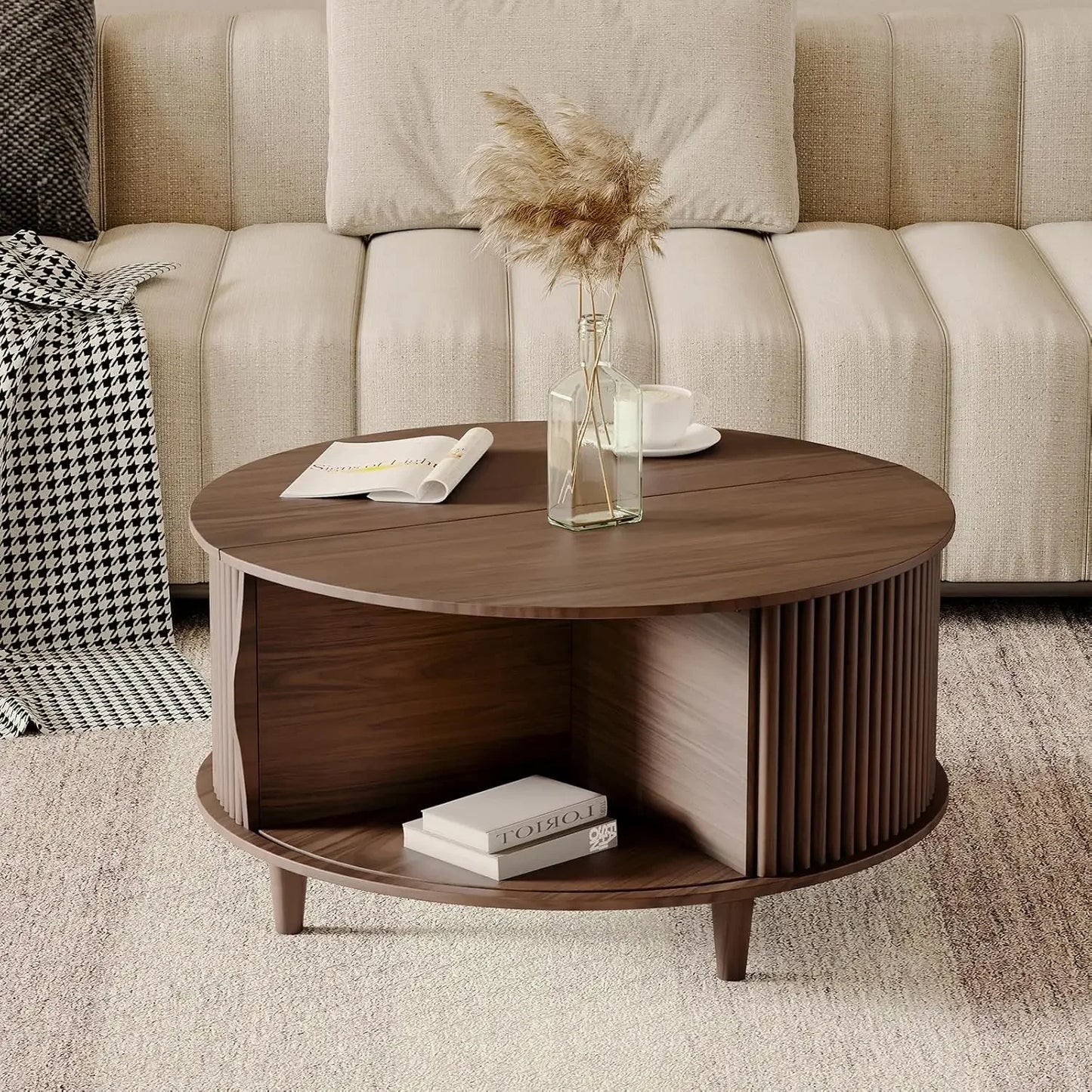 Round Coffee Table with Storage Mid Century Modern Storage
