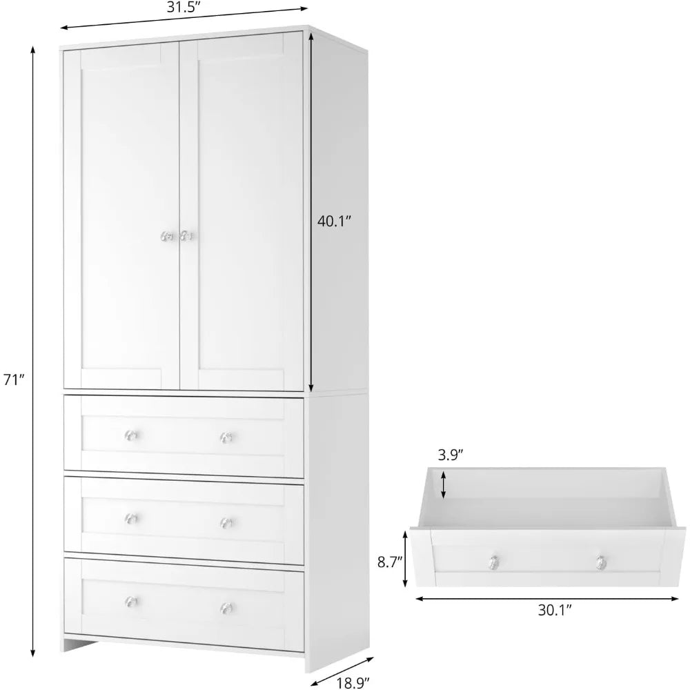 Armoire Wardrobe Closet with Drawers and Mirror, 71"
