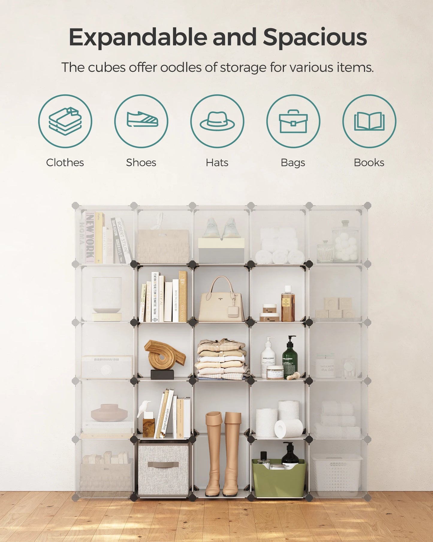 SONGMICS Cube Storage Organizer, Set of 16 Plastic Cubes, Book Shelf