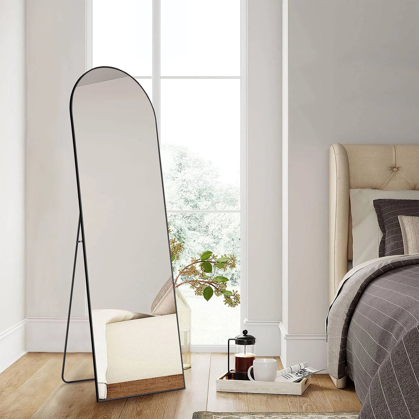 Full Length Arched Right Angle Mirror with Stand for Living Room