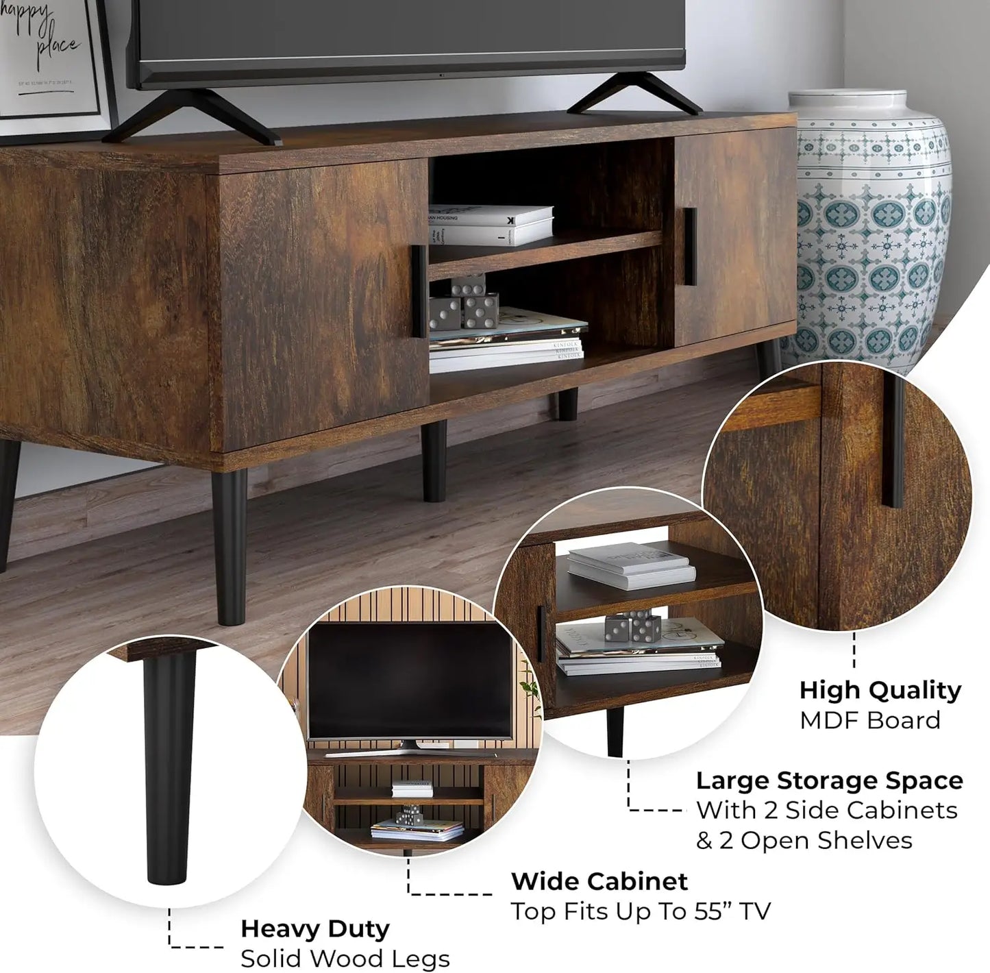 Mid-Century Modern 45"" Tv Stand With 2 Side Doors