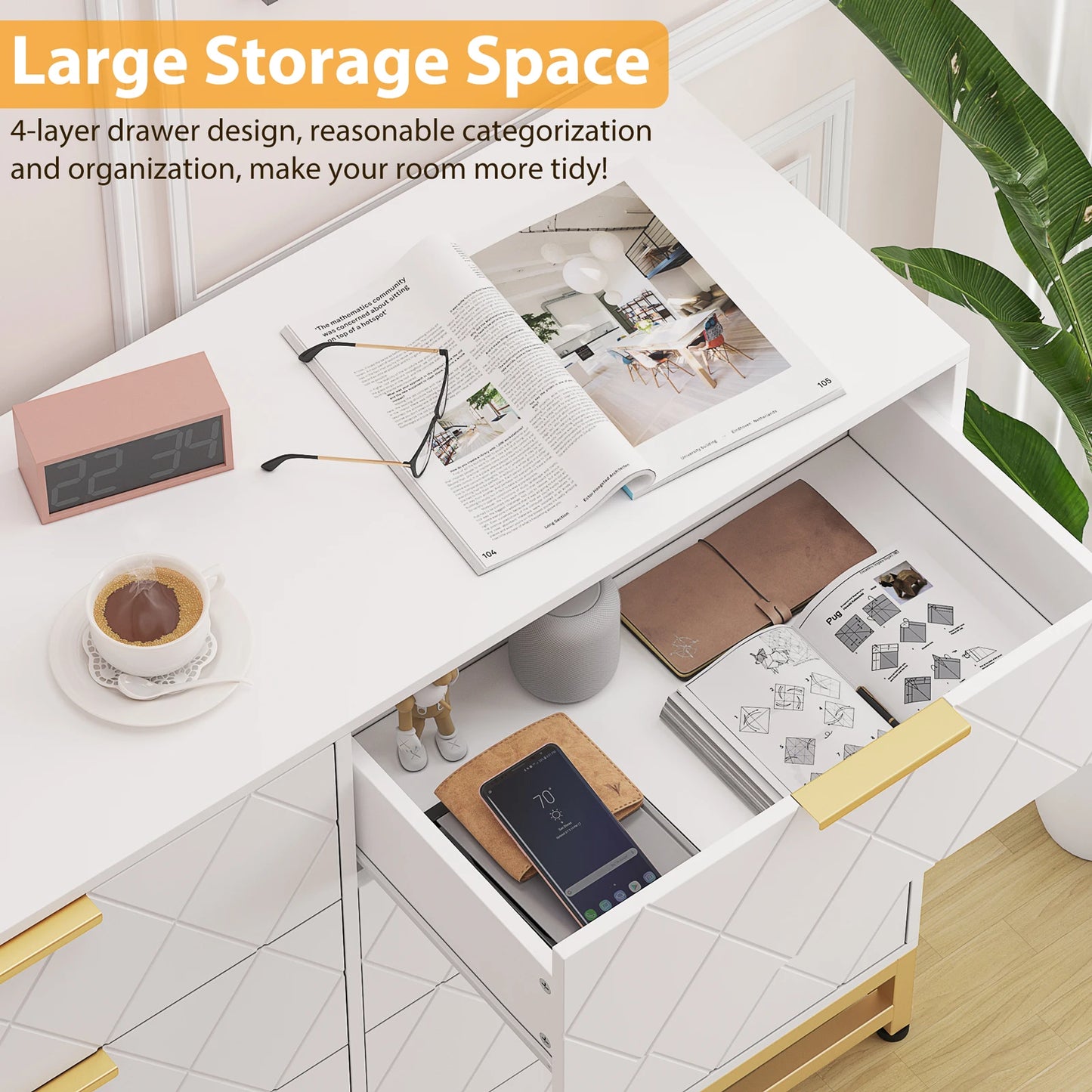 8 Drawer Dresser with Metal Handles, Modern Wood Chest of Drawers