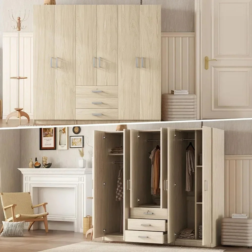 Large Wardrobe Closet 6 Doors, Wooden Wardrobe Cabinet with Big Drawers