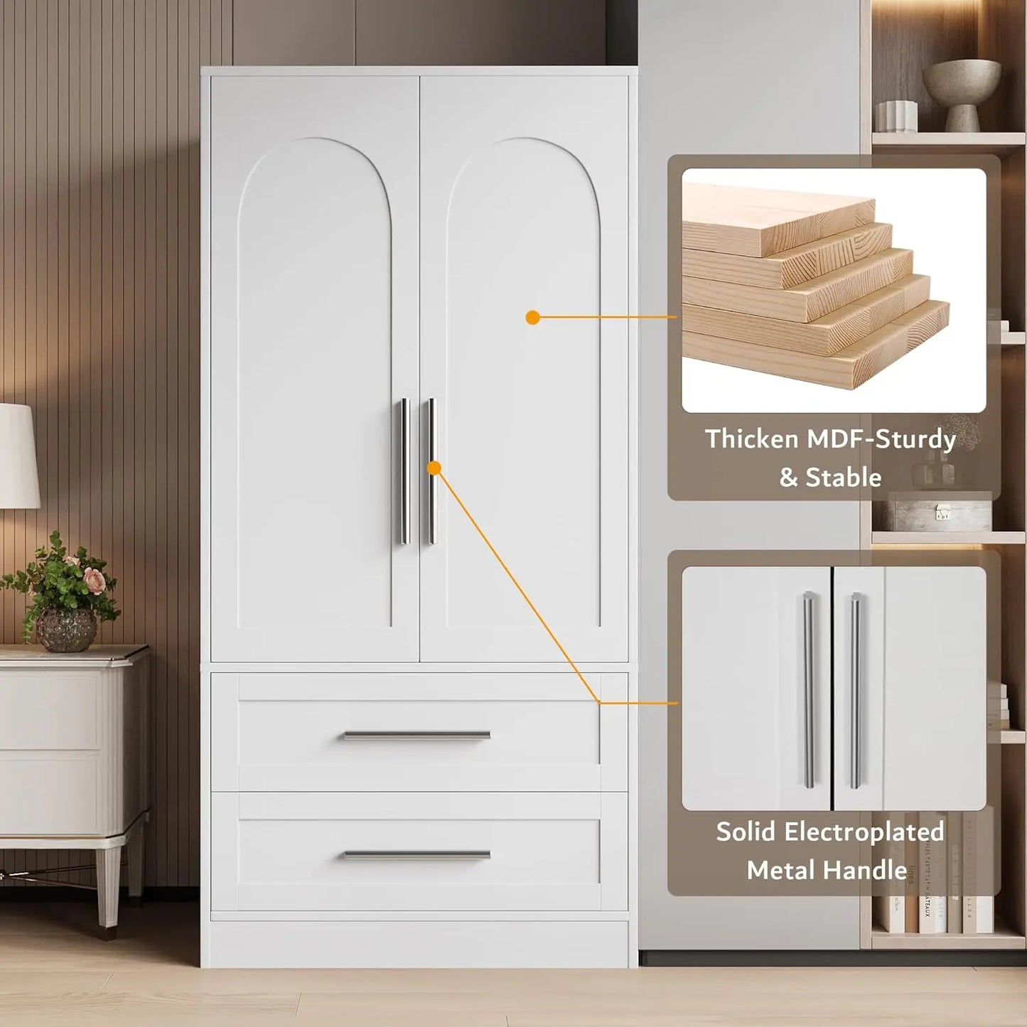 Armoire Wardrobe Closet with 2 Drawers, Modern Wooden Bedroom Armoire with Doors