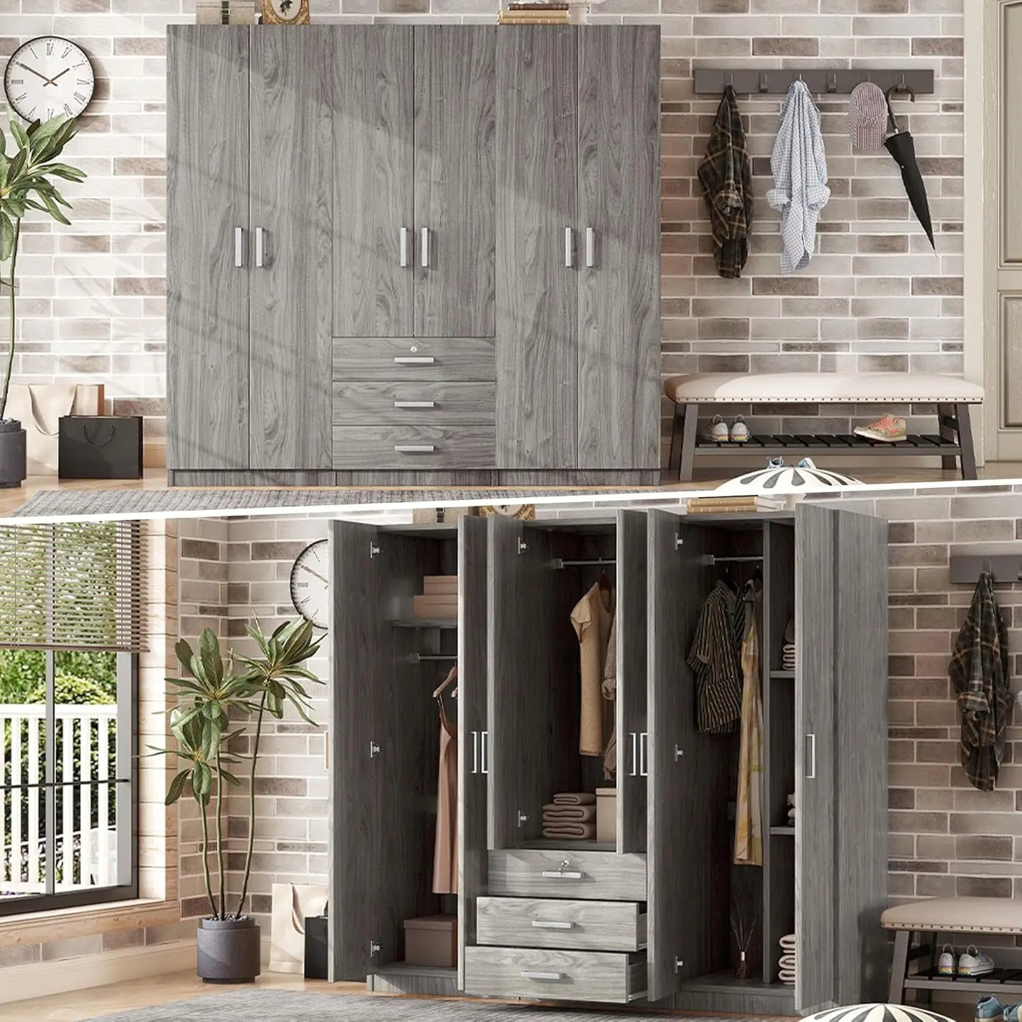 Large Wardrobe Closet 6 Doors, Wooden Wardrobe Cabinet with Big Drawers