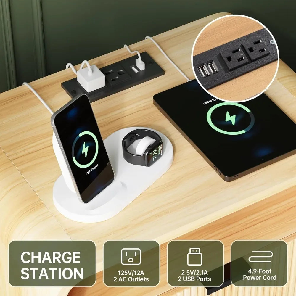 24" Fluted Nightstand with Charging Station, Wooden End Table