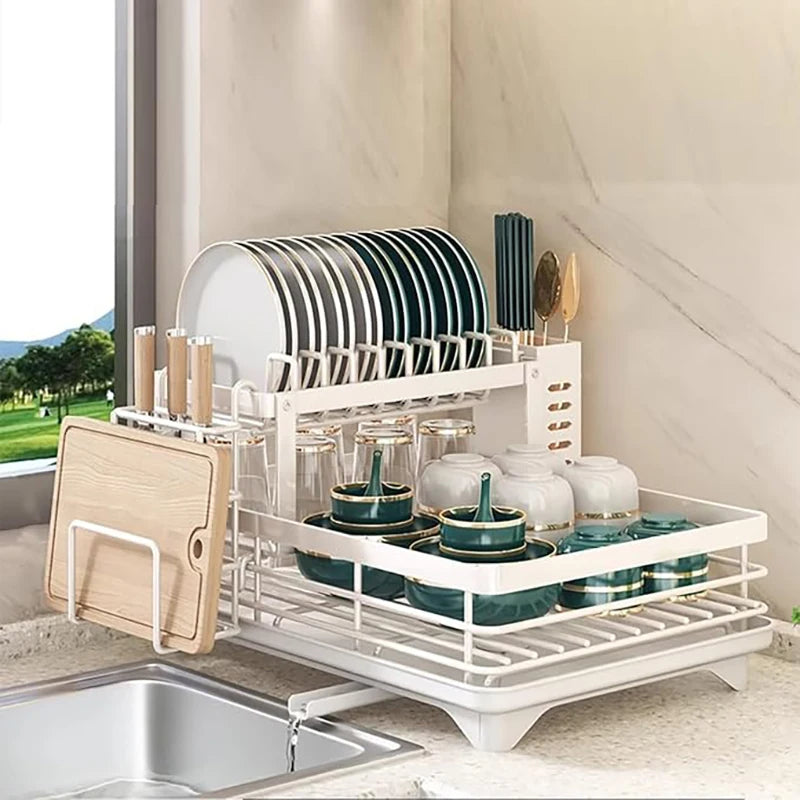 Double-layer dish drying rack suitable for kitchen countertops
